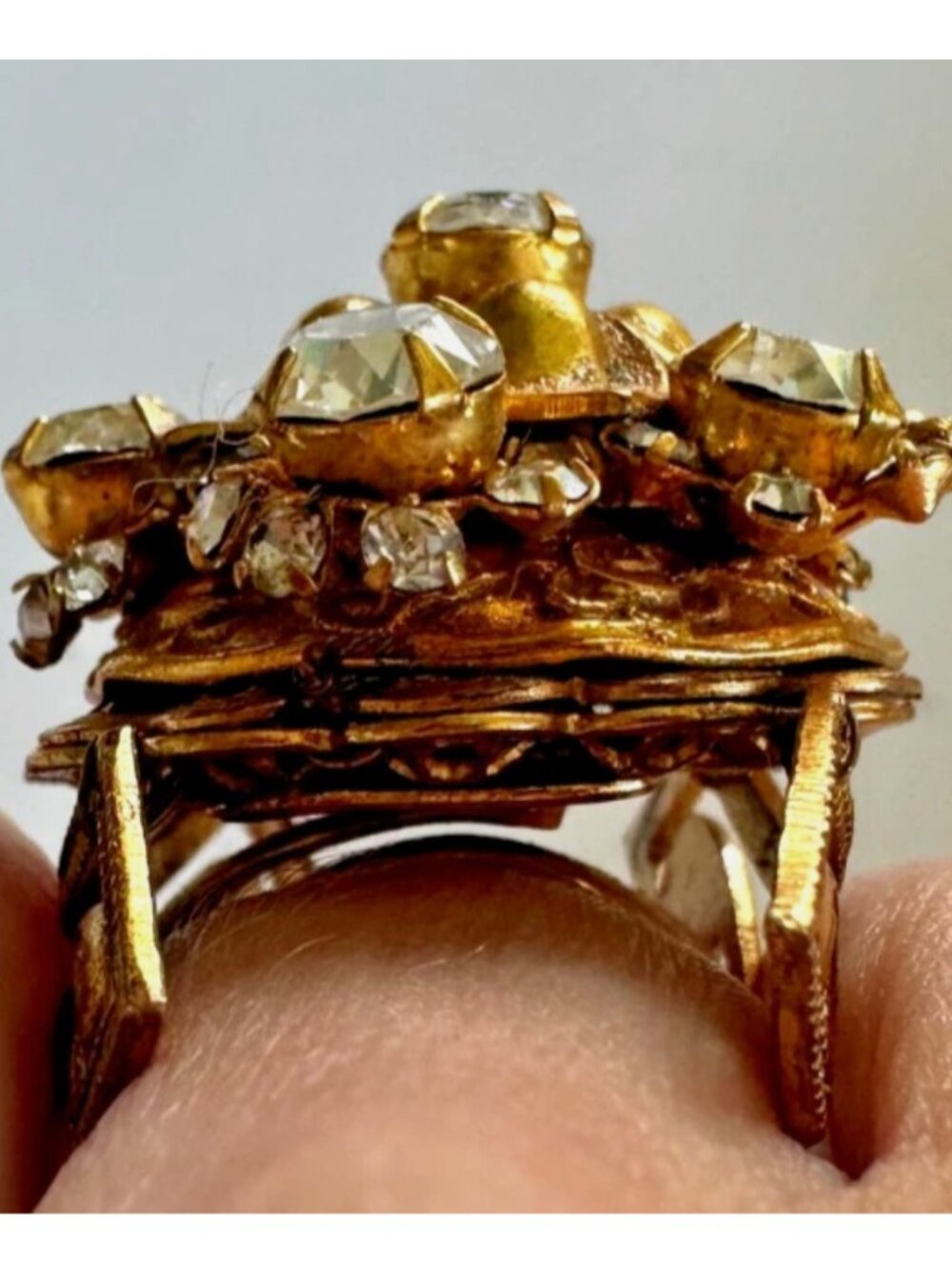 Vintage Signed Miriam Haskell Vermeil & Rhinestone Statement Cocktail Ring - Picture 3 of 6